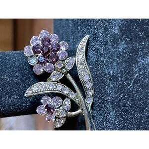 Vintage Floral Brooch with Purple and Pink Rhinestones